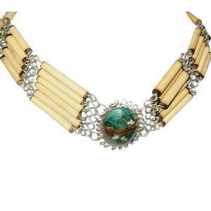 Vtg Green Malachite and Bamboo Necklace Peruvian Boho Tribal Choker w/ Metalwork